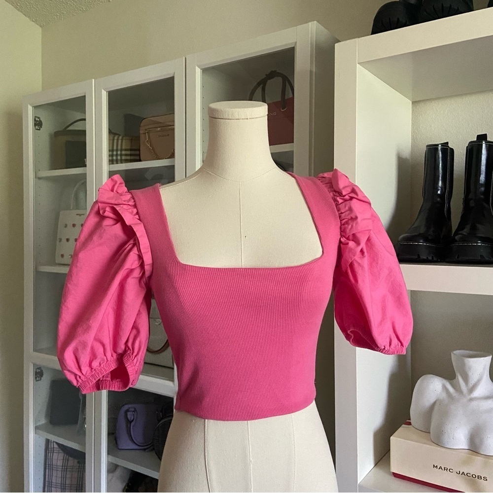 ZARA Summer Hot Pink Puffed Balloon Short Sleeves Poplin Rib Crop Top Size Small - Picture 5 of 8